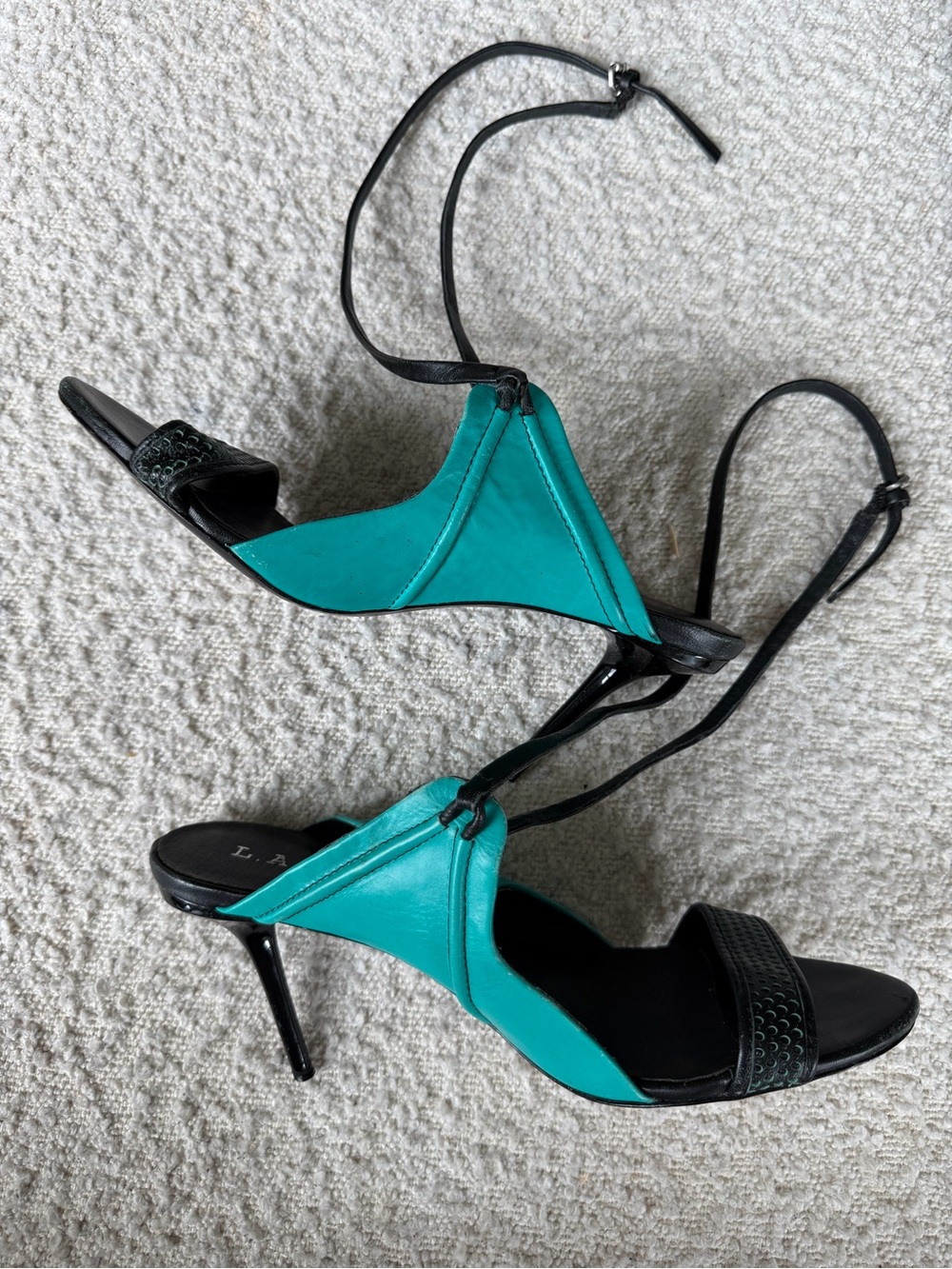 L.A.M.B. Teal and Black Leather Slingback Heels